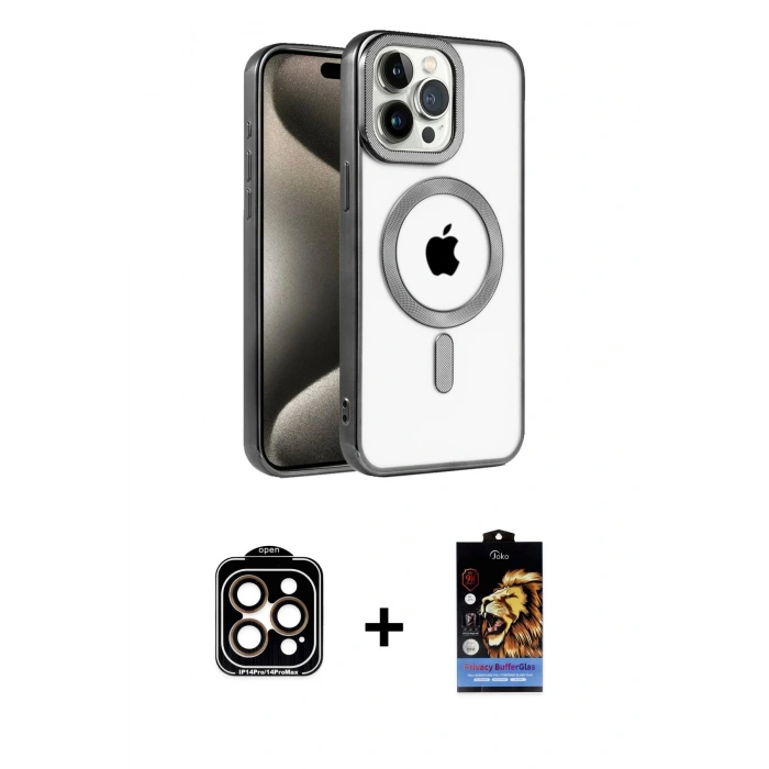 MARSİLYAN™- iPhone 14 Pro Max Kılıf Eksen Form Koleksiyonu - Siyah Buffer Hayalet Cam Ekran Koruyucu + Turuncu PVD Metal Kamera Lens