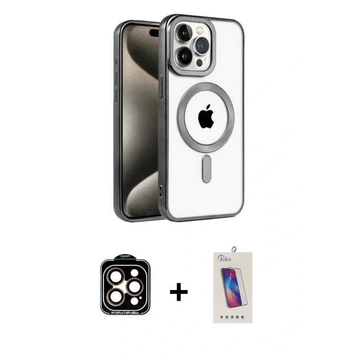 MARSİLYAN™- iPhone 14 Pro Max Kılıf Eksen Form Koleksiyonu - Siyah Joko 5D Cam + PVD Metal Kamera Lens - TU