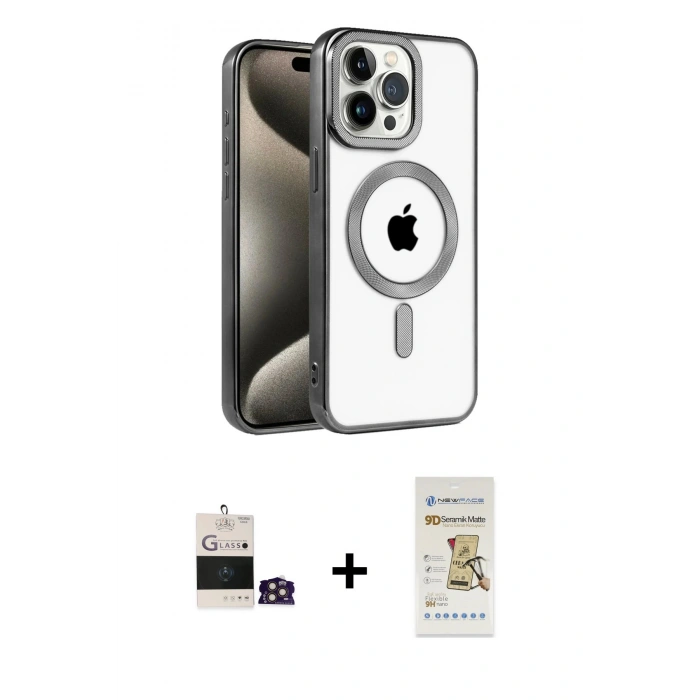 MARSİLYAN™- iPhone 14 Pro Max Kılıf Eksen Form Koleksiyonu - Siyah Mat Seramik Nano Ekran Koruyucu + Bilvis Titan Kamera Lens - GD