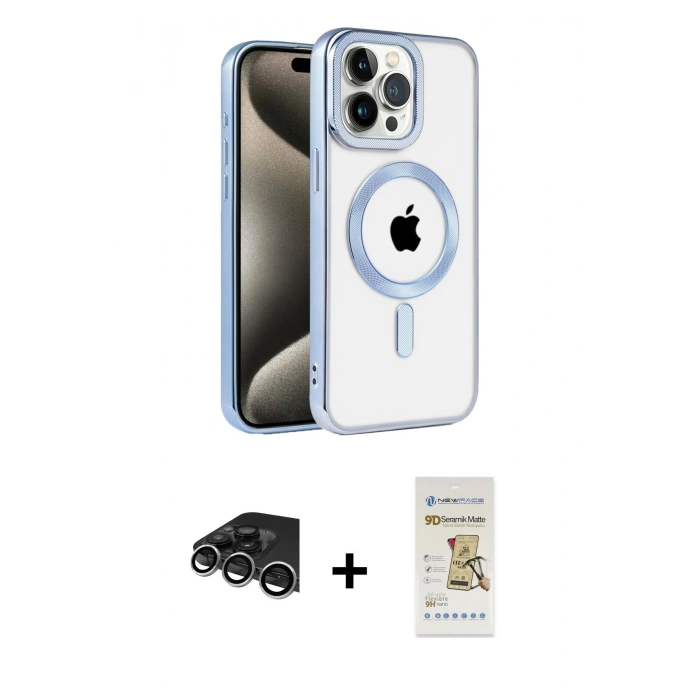MARSİLYAN™- iPhone 14 Pro Max Kılıf Eksen Form Koleksiyonu - Siyah Mat Seramik Nano Ekran Koruyucu + Gümüş Raze Metal Kamera Lens
