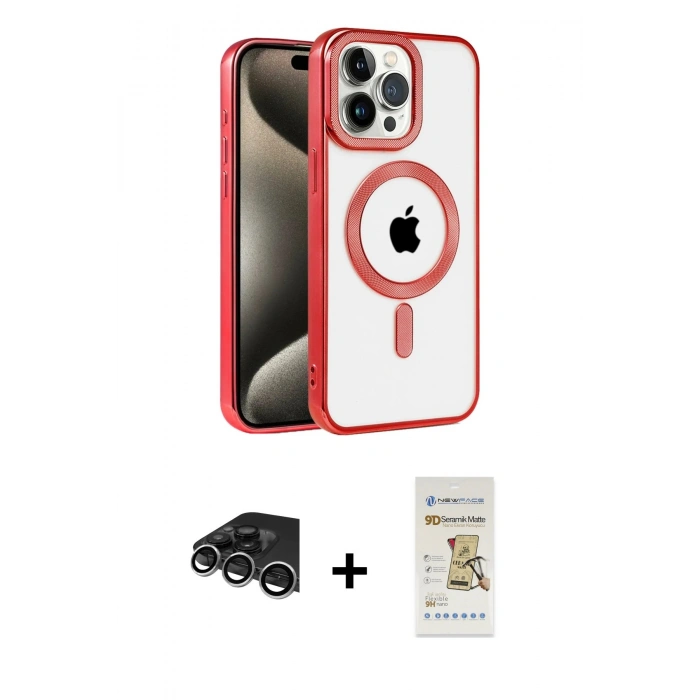 MARSİLYAN™- iPhone 14 Pro Max Kılıf Eksen Form Koleksiyonu - Siyah Mat Seramik Nano Ekran Koruyucu + Gümüş Raze Metal Kamera Lens