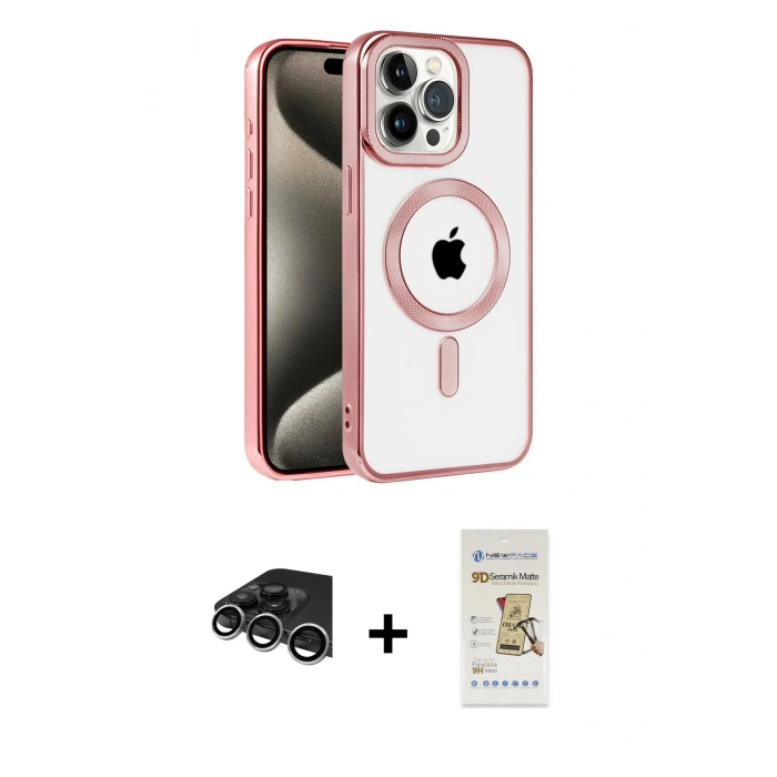 MARSİLYAN™- iPhone 14 Pro Max Kılıf Eksen Form Koleksiyonu - Siyah Mat Seramik Nano Ekran Koruyucu + Gümüş Raze Metal Kamera Lens