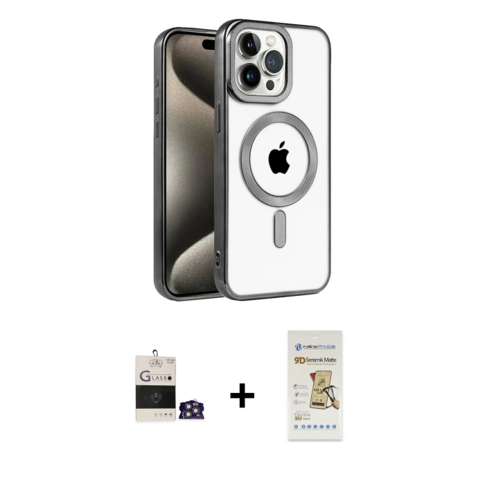 MARSİLYAN™- iPhone 14 Pro Max Kılıf Eksen Form Koleksiyonu - Siyah Mat Seramik Nano Ekran Koruyucu + Gümüş Bilvis Titan Kamera Lens