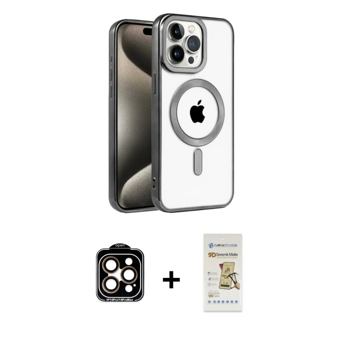 MARSİLYAN™- iPhone 14 Pro Max Kılıf Eksen Form Koleksiyonu - Siyah Mat Seramik Nano Ekran Koruyucu + PVD Metal Kamera Lens - TU