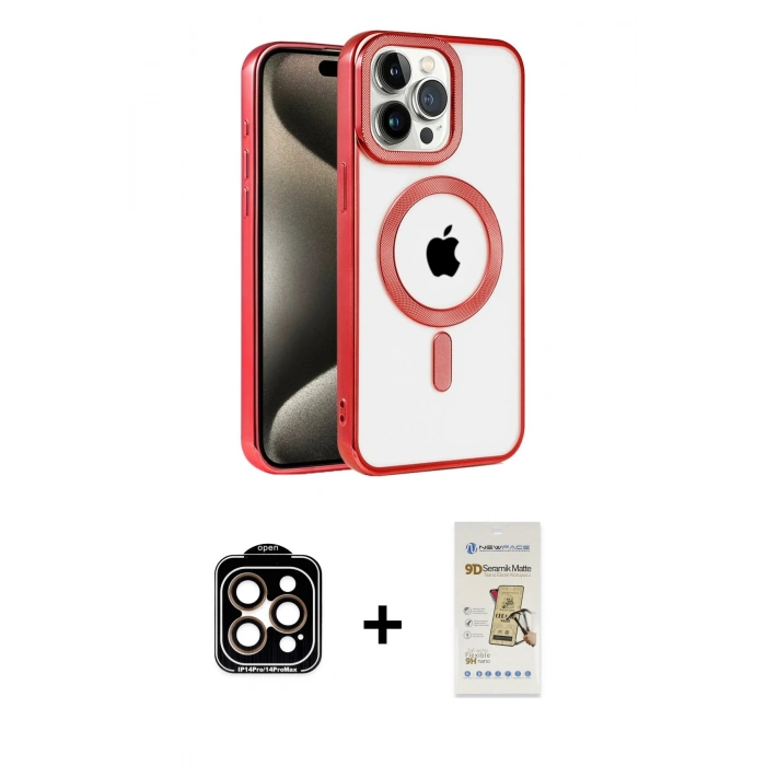 MARSİLYAN™- iPhone 14 Pro Max Kılıf Eksen Form Koleksiyonu - Siyah Mat Seramik Nano Ekran Koruyucu + PVD Metal Kamera Lens - TU