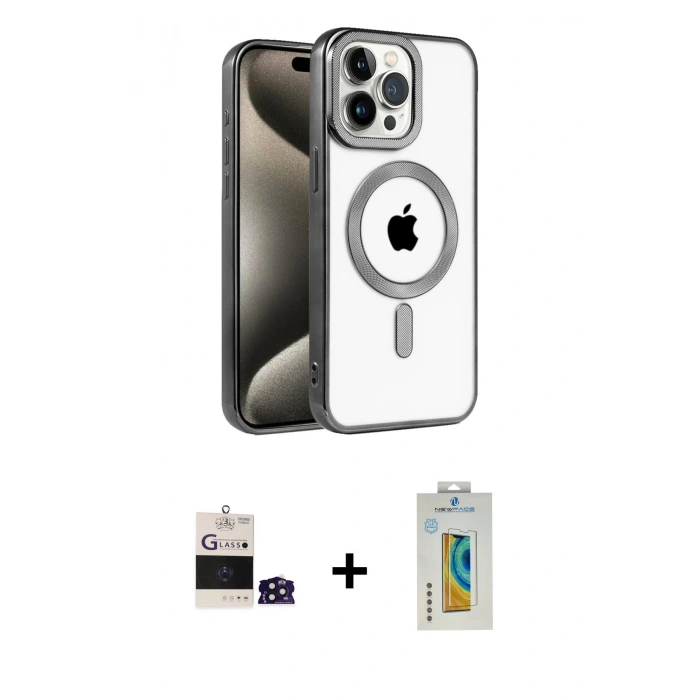 MARSİLYAN™- iPhone 14 Pro Max Kılıf Eksen Form Koleksiyonu - Siyah Polymer Nano Ekran Koruyucu + Derin Mor Bilvis Titan Kamera Lens