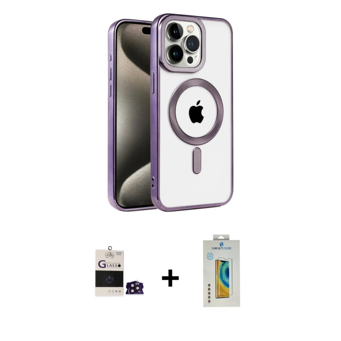 MARSİLYAN™- iPhone 14 Pro Max Kılıf Eksen Form Koleksiyonu - Siyah Polymer Nano Ekran Koruyucu + Derin Mor Bilvis Titan Kamera Lens