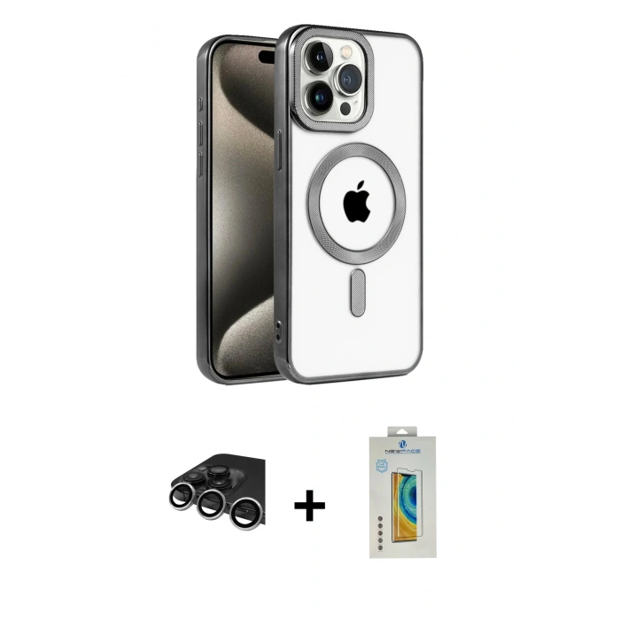 MARSİLYAN™- iPhone 14 Pro Max Kılıf Eksen Form Koleksiyonu - Siyah Polymer Nano Ekran Koruyucu + Raze Metal Kamera Lens - GS