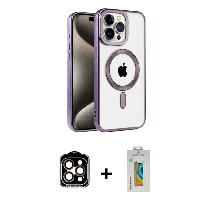 MARSİLYAN™- iPhone 14 Pro Max Kılıf Eksen Form Koleksiyonu - Siyah Polymer Nano Ekran Koruyucu + PVD Metal Kamera Lens - TU