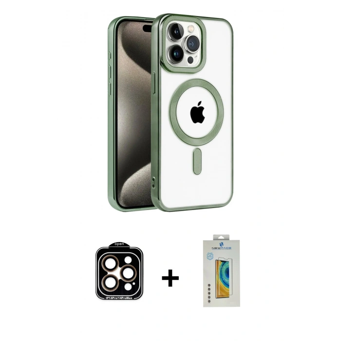 MARSİLYAN™- iPhone 14 Pro Max Kılıf Eksen Form Koleksiyonu - Siyah Polymer Nano Ekran Koruyucu + PVD Metal Kamera Lens - TU