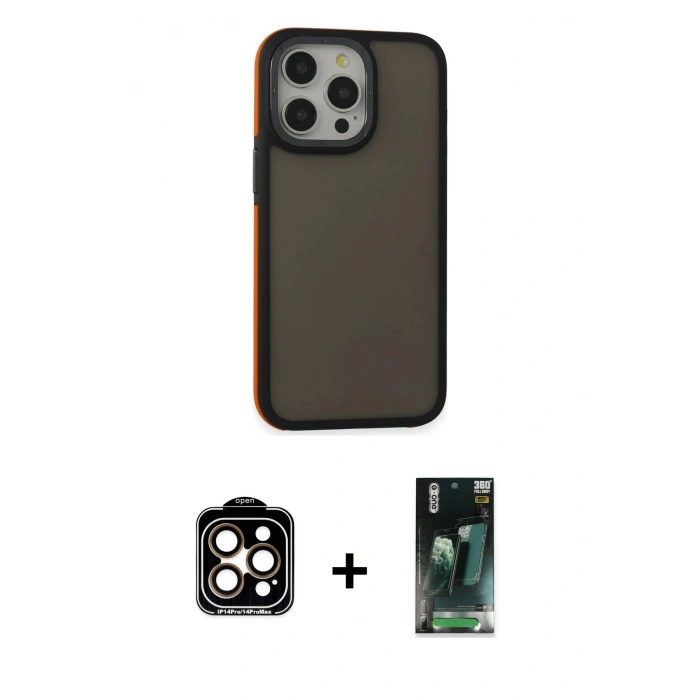 MARSİLYAN™- iPhone 14 Pro Max Kılıf Eksen Işık - Şeffaf 360 Full Body Arka Koruyucu + PVD Metal Kamera Lens - TU