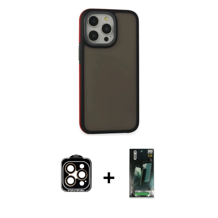 MARSİLYAN™- iPhone 14 Pro Max Kılıf Eksen Işık - Şeffaf 360 Full Body Arka Koruyucu + PVD Metal Kamera Lens - TU
