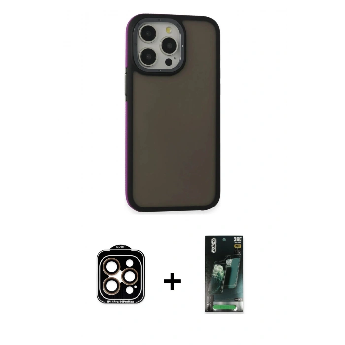 MARSİLYAN™- iPhone 14 Pro Max Kılıf Eksen Işık - Şeffaf 360 Full Body Arka Koruyucu + PVD Metal Kamera Lens - TU