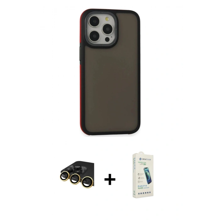 MARSİLYAN™- iPhone 14 Pro Max Kılıf Eksen Işık - Şeffaf Pasifik Cam Ekran Koruyucu + Raze Metal Kamera Lens - GD