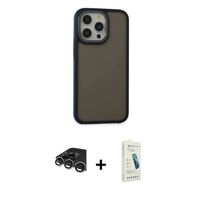 MARSİLYAN™- iPhone 14 Pro Max Kılıf Eksen Işık - Şeffaf Pasifik Cam Ekran Koruyucu + Raze Metal Kamera Lens - GS