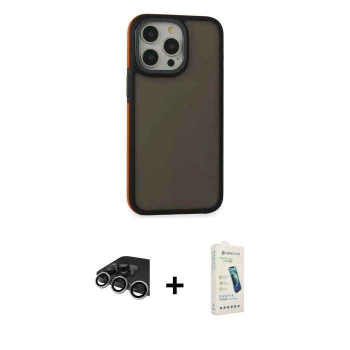 MARSİLYAN™- iPhone 14 Pro Max Kılıf Eksen Işık - Şeffaf Pasifik Cam Ekran Koruyucu + Raze Metal Kamera Lens - GS