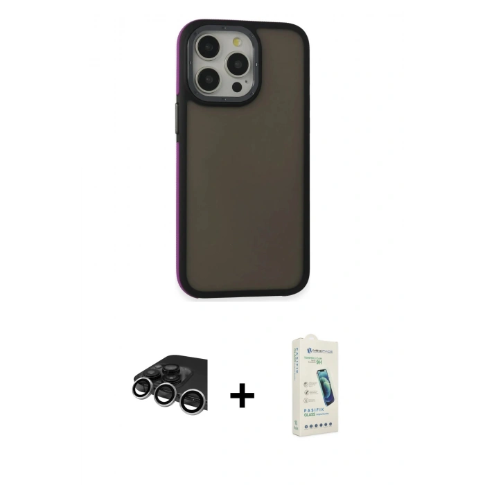 MARSİLYAN™- iPhone 14 Pro Max Kılıf Eksen Işık - Şeffaf Pasifik Cam Ekran Koruyucu + Raze Metal Kamera Lens - GS