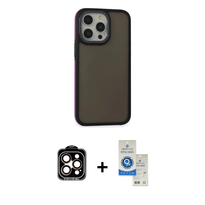 MARSİLYAN™- iPhone 14 Pro Max Kılıf Eksen Işık - Şeffaf Royal Nano Ekran Koruyucu + PVD Metal Kamera Lens - TU