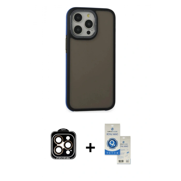 MARSİLYAN™- iPhone 14 Pro Max Kılıf Eksen Işık - Şeffaf Royal Nano Ekran Koruyucu + PVD Metal Kamera Lens - TU
