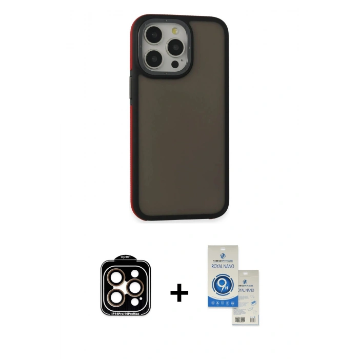 MARSİLYAN™- iPhone 14 Pro Max Kılıf Eksen Işık - Şeffaf Royal Nano Ekran Koruyucu + PVD Metal Kamera Lens - TU