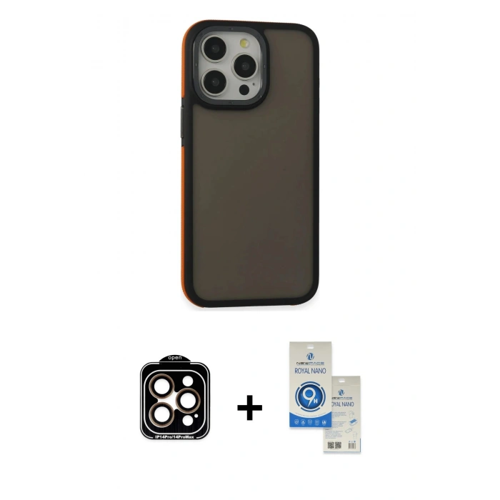 MARSİLYAN™- iPhone 14 Pro Max Kılıf Eksen Işık - Şeffaf Royal Nano Ekran Koruyucu + PVD Metal Kamera Lens - TU