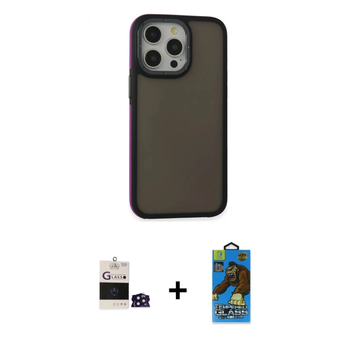 MARSİLYAN™- iPhone 14 Pro Max Kılıf Eksen Işık - Siyah 18D Cam Ekran Koruyucu + Bilvis Titan Kamera Lens - DNMR