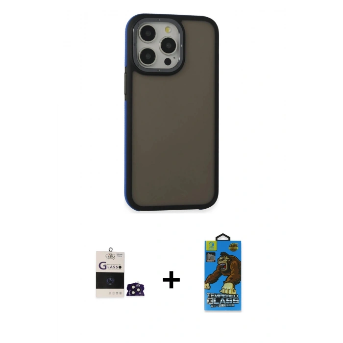 MARSİLYAN™- iPhone 14 Pro Max Kılıf Eksen Işık - Siyah 18D Cam Ekran Koruyucu + Bilvis Titan Kamera Lens - DNMR