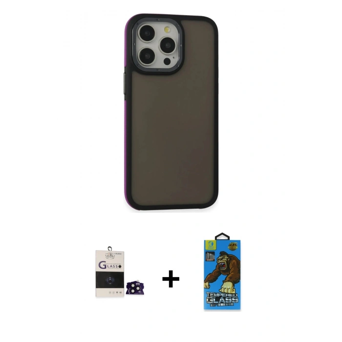 MARSİLYAN™- iPhone 14 Pro Max Kılıf Eksen Işık - Siyah 18D Cam Ekran Koruyucu + Bilvis Titan Kamera Lens - SH
