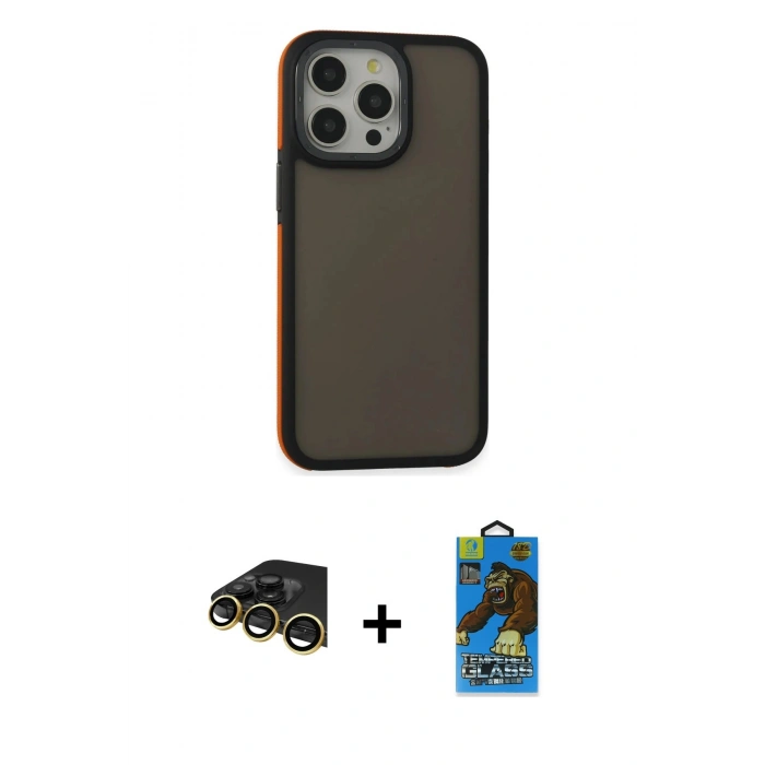 MARSİLYAN™- iPhone 14 Pro Max Kılıf Eksen Işık - Siyah 18D Cam Ekran Koruyucu + Raze Metal Kamera Lens - GD