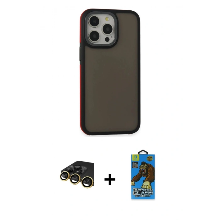 MARSİLYAN™- iPhone 14 Pro Max Kılıf Eksen Işık - Siyah 18D Cam Ekran Koruyucu + Raze Metal Kamera Lens - GD