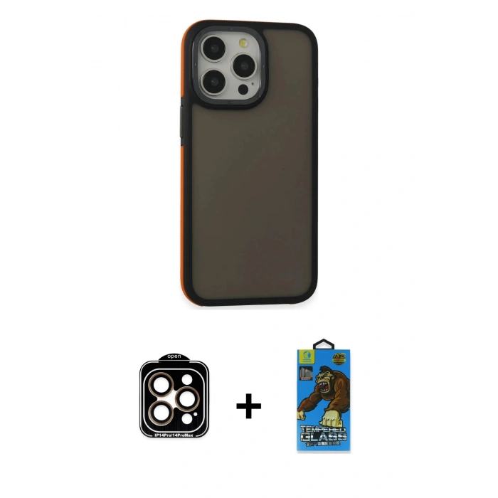 MARSİLYAN™- iPhone 14 Pro Max Kılıf Eksen Işık - Siyah 18D Cam Ekran Koruyucu + PVD Metal Kamera Lens - TU