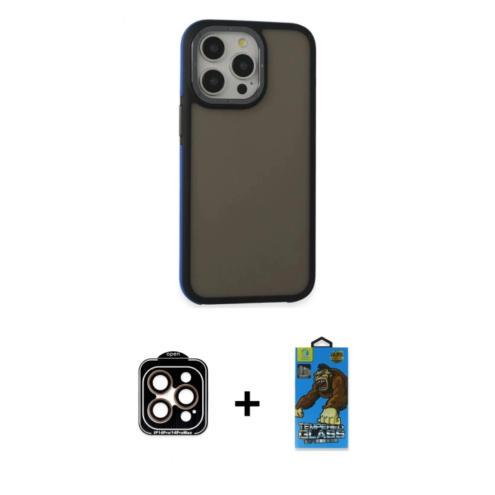 MARSİLYAN™- iPhone 14 Pro Max Kılıf Eksen Işık - Siyah 18D Cam Ekran Koruyucu + PVD Metal Kamera Lens - TU