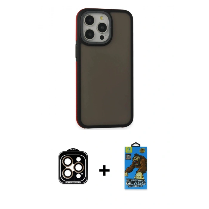 MARSİLYAN™- iPhone 14 Pro Max Kılıf Eksen Işık - Siyah 18D Cam Ekran Koruyucu + PVD Metal Kamera Lens - TU