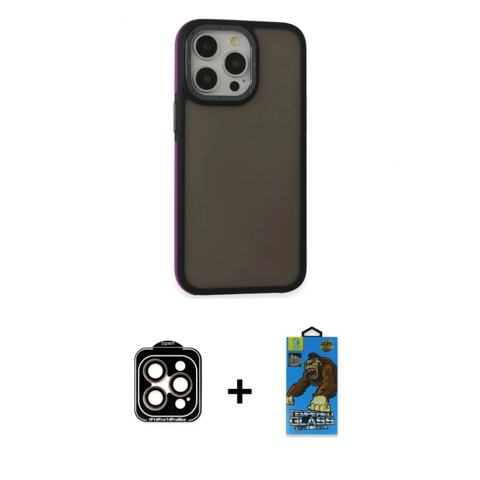 MARSİLYAN™- iPhone 14 Pro Max Kılıf Eksen Işık - Siyah 18D Cam Ekran Koruyucu + PVD Metal Kamera Lens - TU