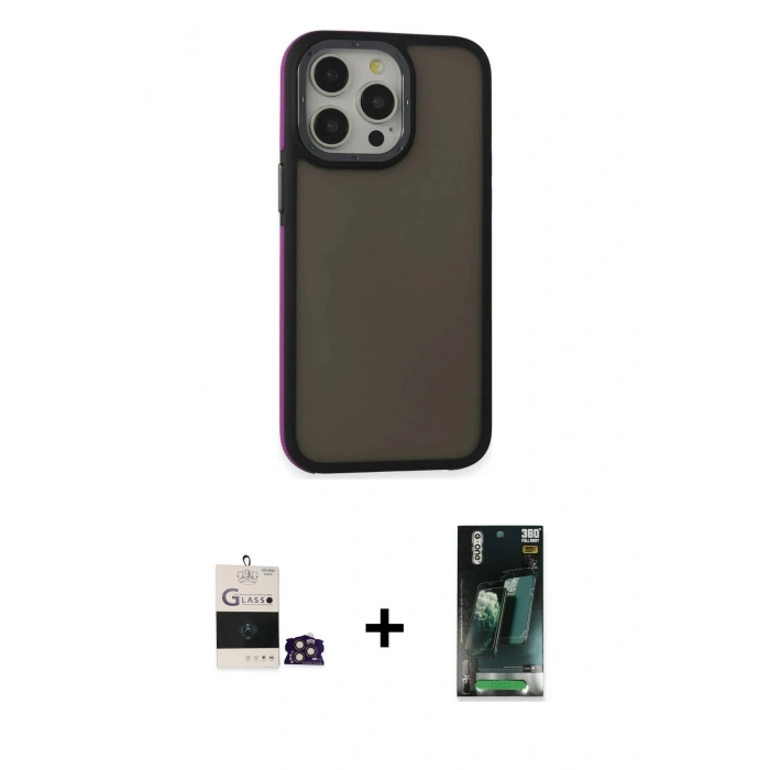 MARSİLYAN™- iPhone 14 Pro Max Kılıf Eksen Işık - Siyah 360 Mat Full Body Arka Koruyucu + Bilvis Titan Kamera Lens - GD