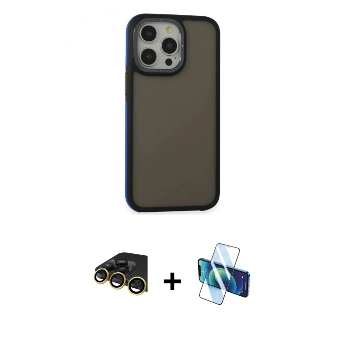 MARSİLYAN™- iPhone 14 Pro Max Kılıf Eksen Işık - Siyah 3D Antistatik Cam Ekran Koruyucu + Raze Metal Kamera Lens - GD