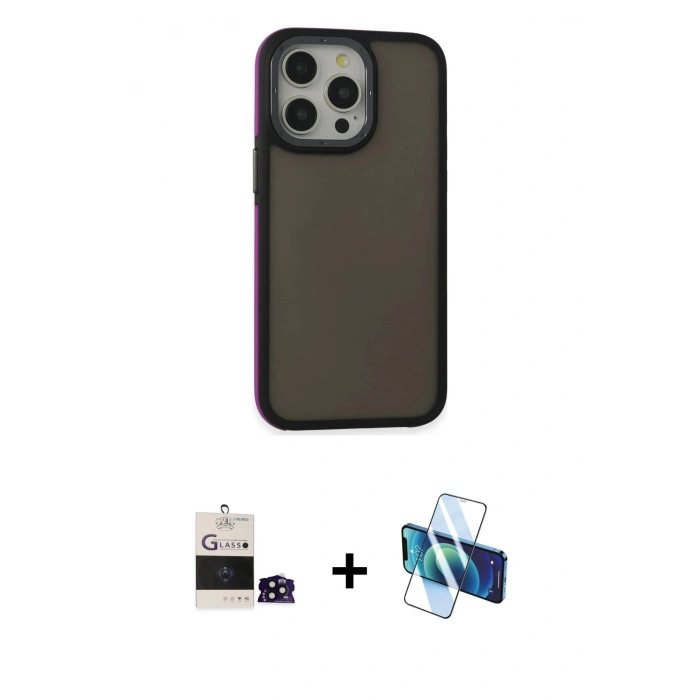 MARSİLYAN™- iPhone 14 Pro Max Kılıf Eksen Işık - Siyah 3D Antistatik Cam Ekran Koruyucu + Bilvis Titan Kamera Lens - SH