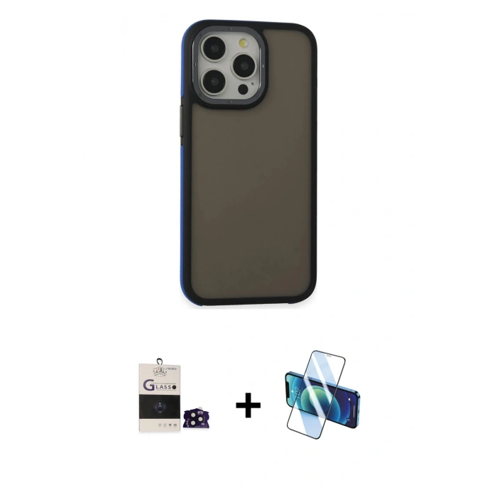 MARSİLYAN™- iPhone 14 Pro Max Kılıf Eksen Işık - Siyah 3D Antistatik Cam Ekran Koruyucu + Bilvis Titan Kamera Lens - SH
