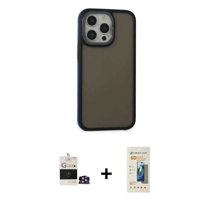 MARSİLYAN™- iPhone 14 Pro Max Kılıf Eksen Işık - Siyah 6D Mat Seramik Hayalet Nano Ekran Koruyucu + Bilvis Titan Kamera Lens - GD