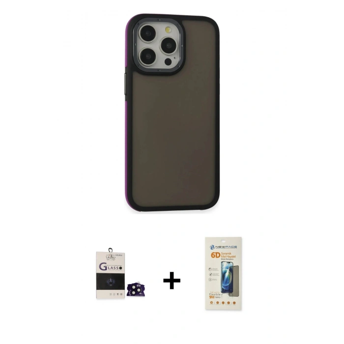 MARSİLYAN™- iPhone 14 Pro Max Kılıf Eksen Işık - Siyah 6D Mat Seramik Hayalet Nano Ekran Koruyucu + Bilvis Titan Kamera Lens - SH