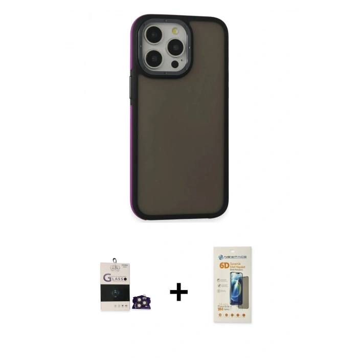 MARSİLYAN™- iPhone 14 Pro Max Kılıf Eksen Işık - Siyah 6D Mat Seramik Hayalet Nano Ekran Koruyucu + Bilvis Titan Kamera Lens - GD