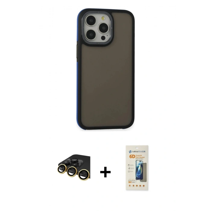 MARSİLYAN™- iPhone 14 Pro Max Kılıf Eksen Işık - Siyah 6D Mat Seramik Hayalet Nano Ekran Koruyucu + Raze Metal Kamera Lens - GD