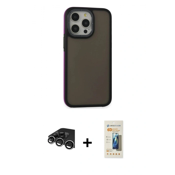MARSİLYAN™- iPhone 14 Pro Max Kılıf Eksen Işık - Siyah 6D Mat Seramik Hayalet Nano Ekran Koruyucu + Raze Metal Kamera Lens - GS