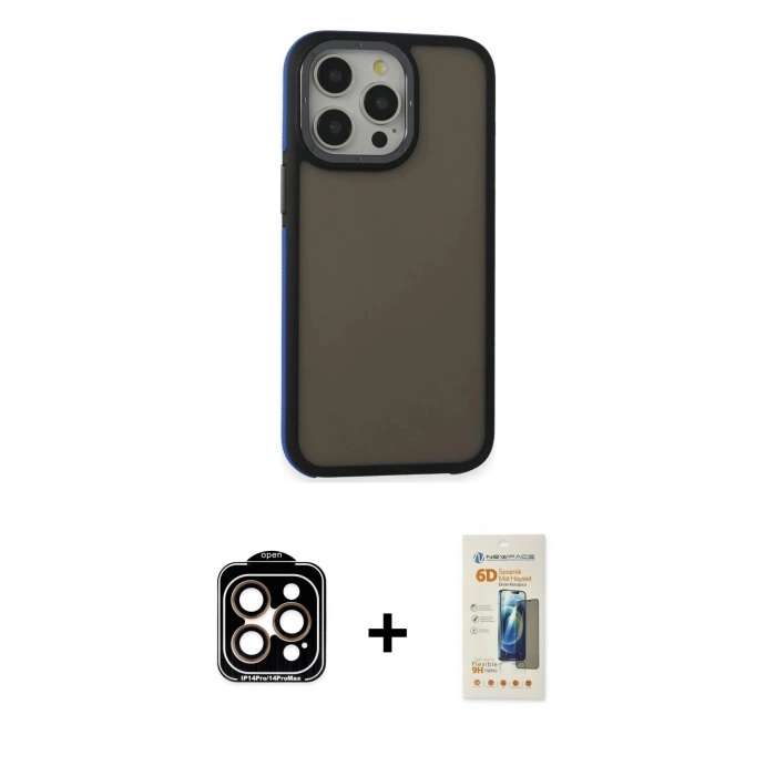 MARSİLYAN™- iPhone 14 Pro Max Kılıf Eksen Işık - Siyah 6D Mat Seramik Hayalet Nano Ekran Koruyucu + Turuncu PVD Metal Kamera Lens