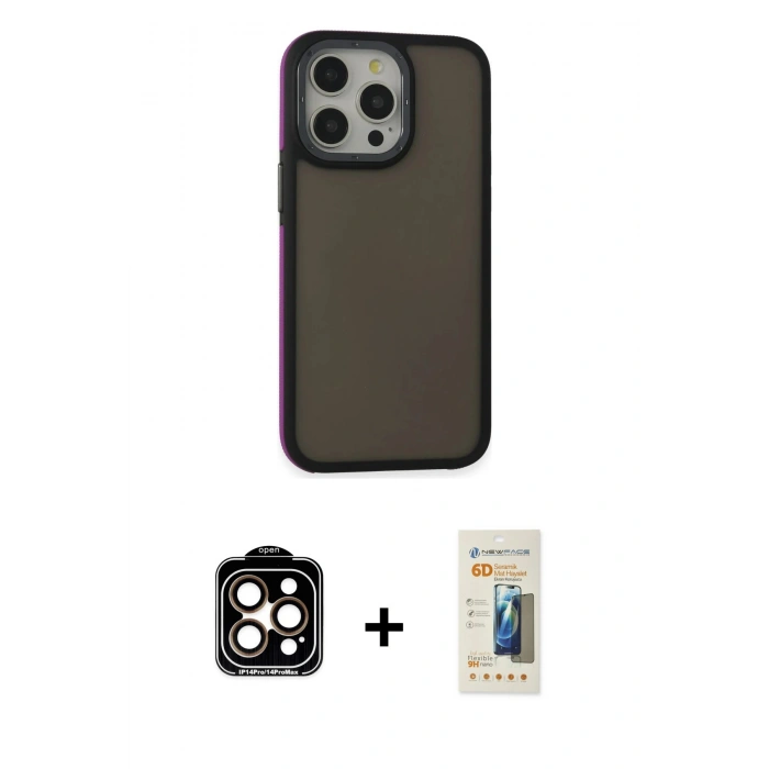 MARSİLYAN™- iPhone 14 Pro Max Kılıf Eksen Işık - Siyah 6D Mat Seramik Hayalet Nano Ekran Koruyucu + Turuncu PVD Metal Kamera Lens