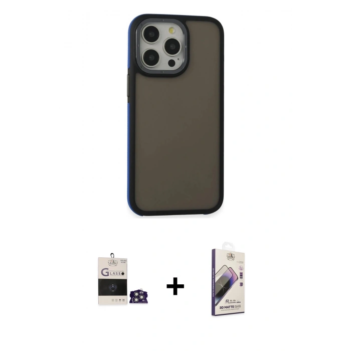 MARSİLYAN™- iPhone 14 Pro Max Kılıf Eksen Işık - Siyah Bilvis 3D Mat Cam Ekran Koruyucu + Bilvis Titan Kamera Lens - GS