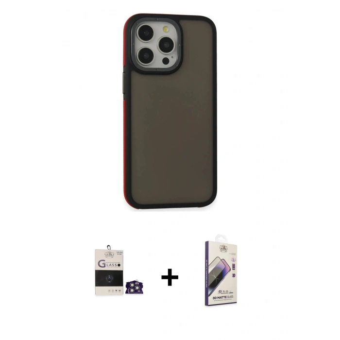 MARSİLYAN™- iPhone 14 Pro Max Kılıf Eksen Işık - Siyah Bilvis 3D Mat Cam Ekran Koruyucu + Bilvis Titan Kamera Lens - GS