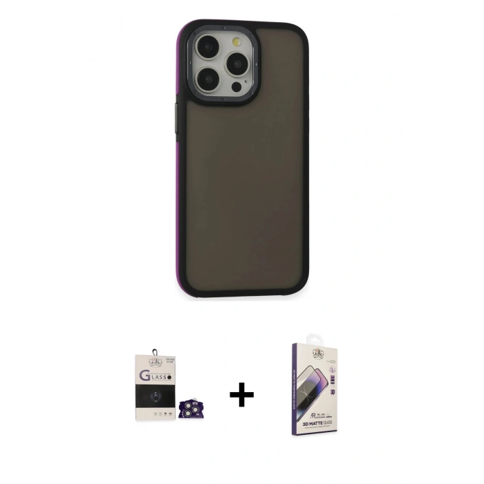 MARSİLYAN™- iPhone 14 Pro Max Kılıf Eksen Işık - Siyah Bilvis 3D Mat Cam Ekran Koruyucu + Bilvis Titan Kamera Lens - GS