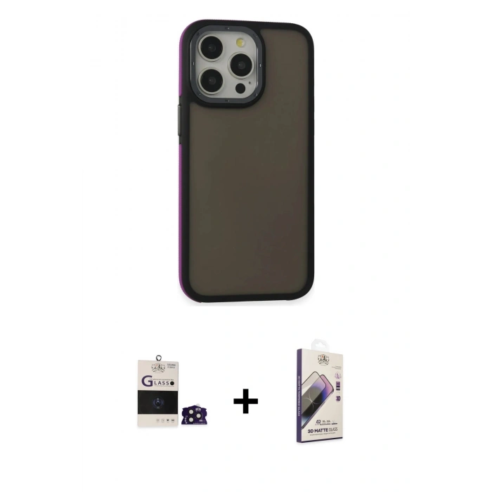 MARSİLYAN™- iPhone 14 Pro Max Kılıf Eksen Işık - Siyah Bilvis 3D Mat Cam Ekran Koruyucu + Bilvis Titan Kamera Lens - DNMR