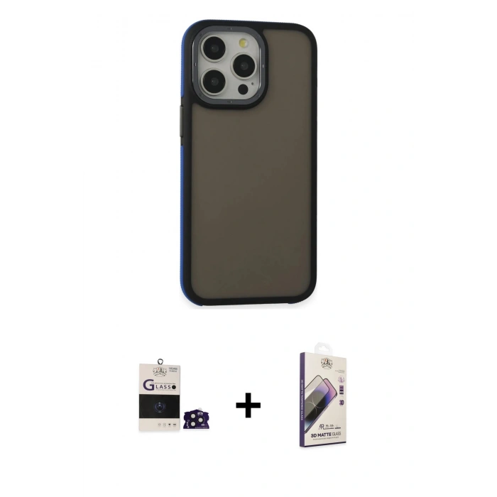 MARSİLYAN™- iPhone 14 Pro Max Kılıf Eksen Işık - Siyah Bilvis 3D Mat Cam Ekran Koruyucu + Bilvis Titan Kamera Lens - DNMR